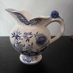 Blue and White Floral Ceramic Pitcher From Blue Onion